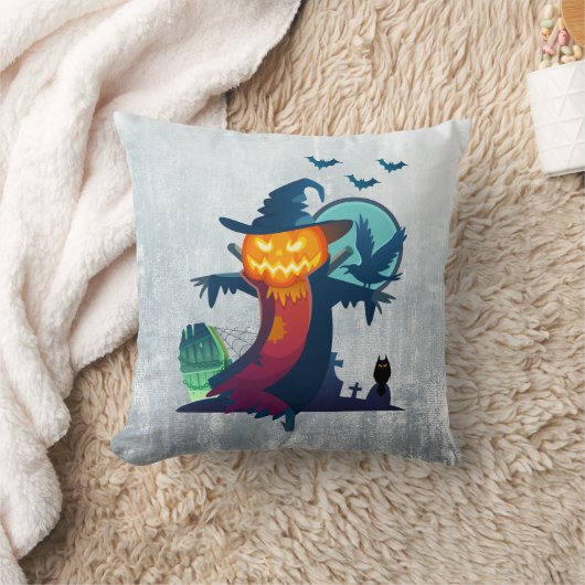 クロウとフクロウのこうもり付きハロウィンかかし クッション (ブランケット)