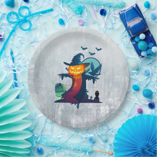 クロウとフクロウのこうもり付きハロウィンかかし ペーパープレート (パーティー)