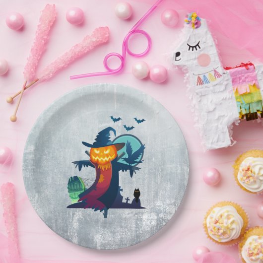 クロウとフクロウのこうもり付きハロウィンかかし ペーパープレート (パーティー)