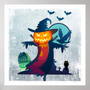 クロウとフクロウのこうもり付きハロウィンかかし ポスター
