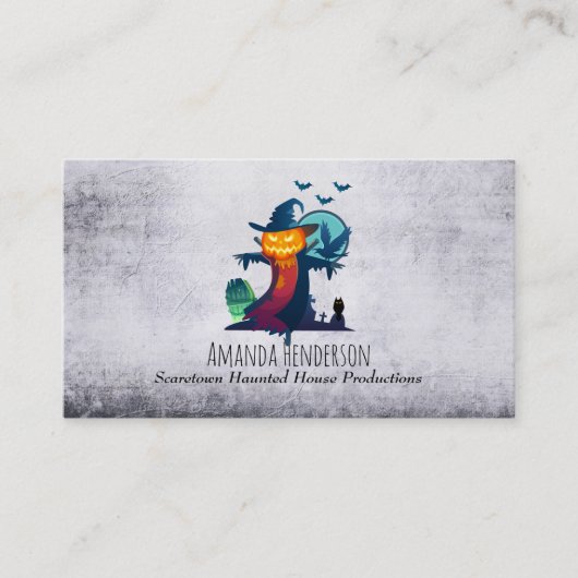 クロウとフクロウのこうもり付きハロウィンかかし 名刺 (正面)
