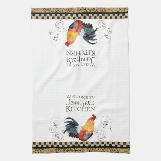 クロウイングルースターブラック&タンチェックスワールキッチン キッチンタオル (縦)