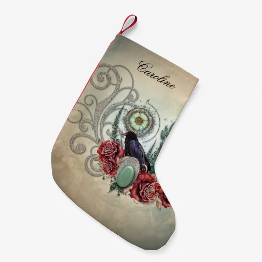 クロウエレガントとヴィンテージバラ スモールクリスマスストッキング (正面 (吊り時))