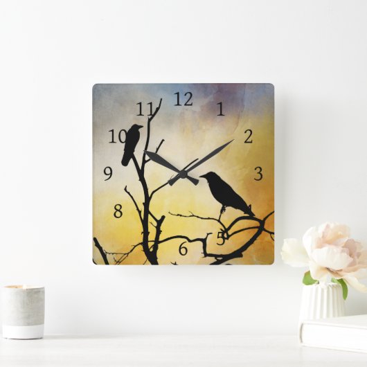 クロウバードの木の鳥95オレンジ スクエア壁時計 (ホーム)