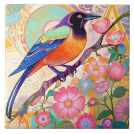 クロウバードレインボーカラフル春の花フローラ タイル