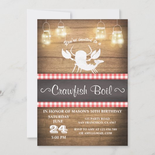 クロウフィッシュの招素朴出木材誕生日BBQ 招待状 (正面)