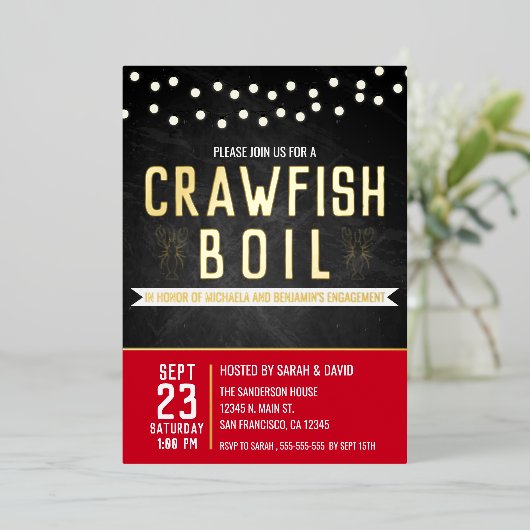 クロウフィッシュボイルカップルシャワー婚約パーティ 箔招待状 (立ち正面)