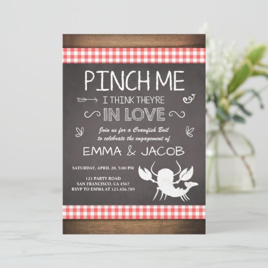 クロウフィッシュ婚約パーティカップルのシャワーシーフード 招待状 (スタンド正面)