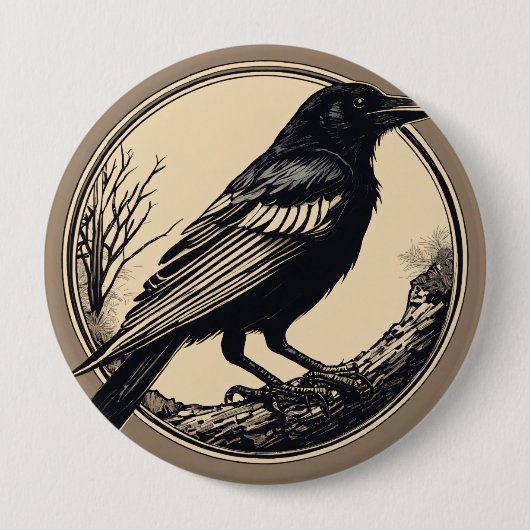 クロウミニマルス、白黒の小さなリノカット 缶バッジ (正面)