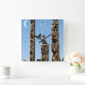 クロウ&トーテムポール先住民アメリカンアートクロック スクエア壁時計 (ホーム)