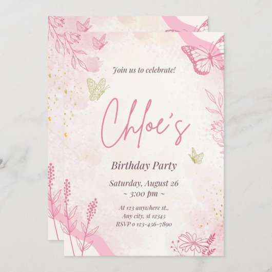 クロエの最初の誕生日パーティーの招待状 招待状 (正面/裏面)