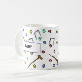 クロケパーソナライズされたマレットハンドボ図解入りの、写真付きのホ コーヒーマグカップ (正面左)