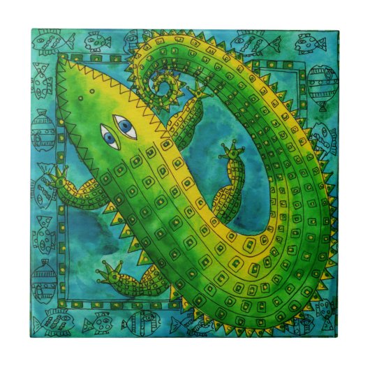 クロコダイルの柄イラスト 水彩画 タイル (正面)