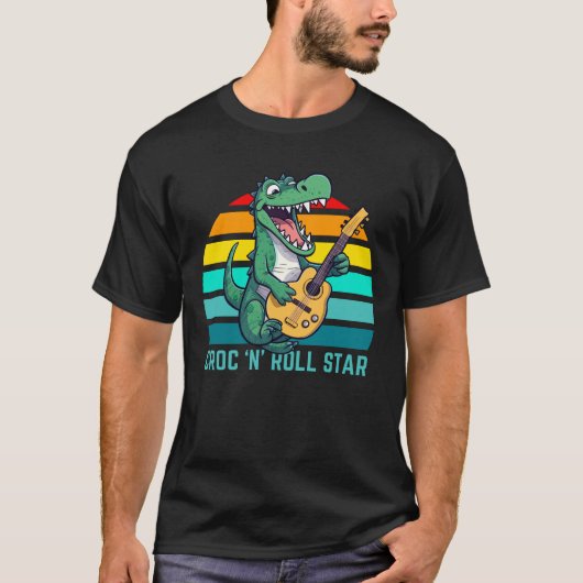 クロコダイル・ロック・スター 面白いワニの音楽 Tシャツ (正面)