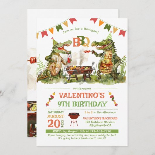 クロコダイルBBQパーティー誕生日招待状 招待状 (正面/裏面)