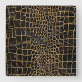 クロコフェイクダイル黒液大理石と金ゴールド スクエア壁時計 (正面)