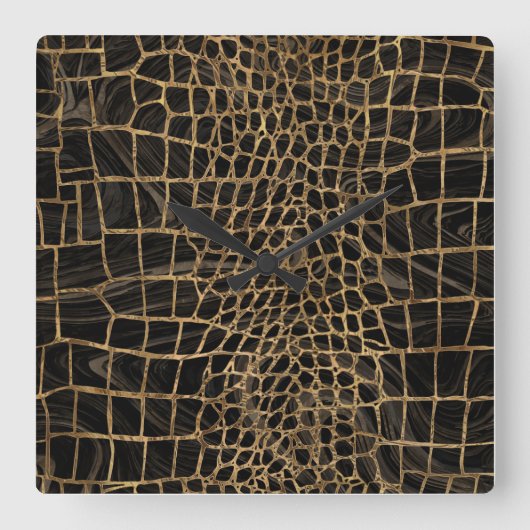 クロコフェイクダイル黒液大理石と金ゴールド スクエア壁時計 (正面)