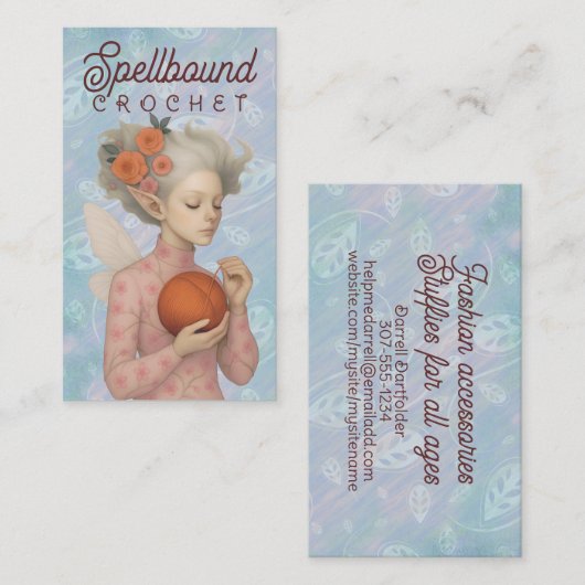 クロシェ編み物ハンドスパン糸フェアリー小妖精や小人女 名刺 (正面/裏面)