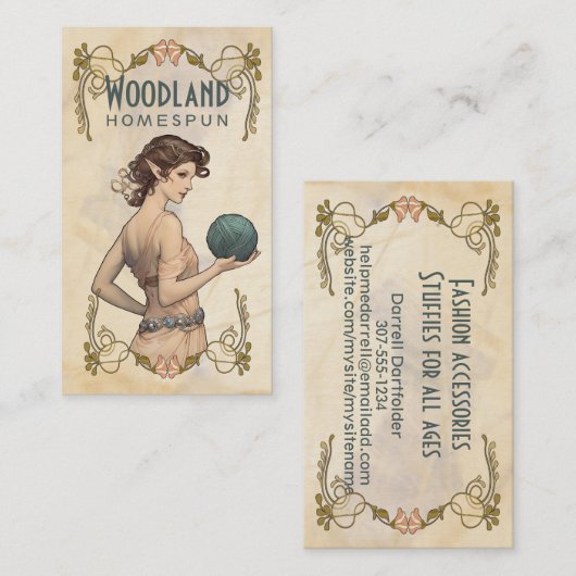 クロシェ編み物ハンドスパン糸フェアリー小妖精や小人女 名刺 (正面/裏面)