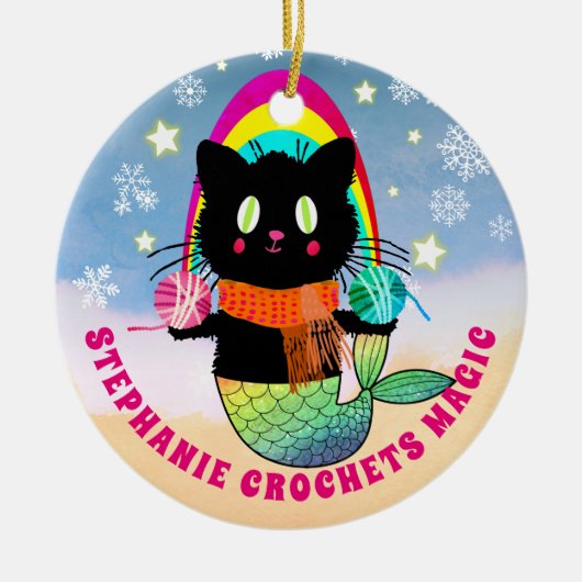 クロシェ魔法パーソナライズされたマーメイド猫ヤーン セラミックオーナメント (正面)