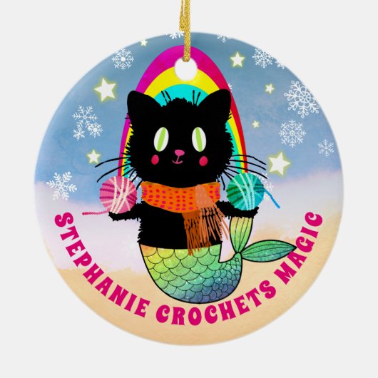 クロシェ魔法パーソナライズされたマーメイド猫ヤーン セラミックオーナメント (裏面)