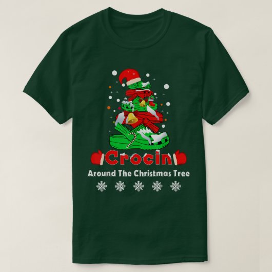 クロシンのまわりにザクリスマスツリーおもしろいクリスマス Tシャツ (デザイン正面)