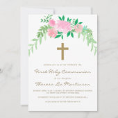 クロスかわいらしファースト聖餐式のピンクのフローラ 招待状 (正面)