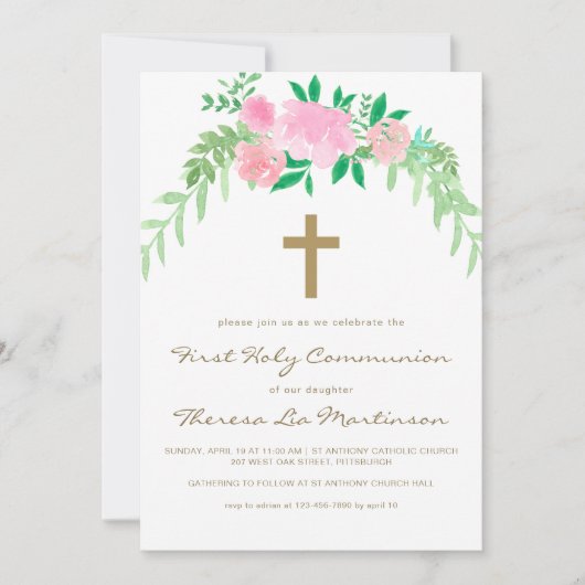 クロスかわいらしファースト聖餐式のピンクのフローラ 招待状 (正面)