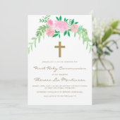クロスかわいらしファースト聖餐式のピンクのフローラ 招待状 (スタンド正面)