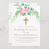 クロスかわいらしファースト聖餐式のピンクのフローラ 招待状 (正面/裏面)