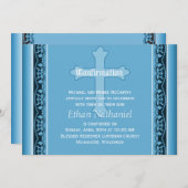 クロスが付いた青い確認の葉の飾り 招待状 (正面/裏面)