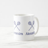 クロスしたスカッシュラケット 青 コーヒーマグカップ (正面右)