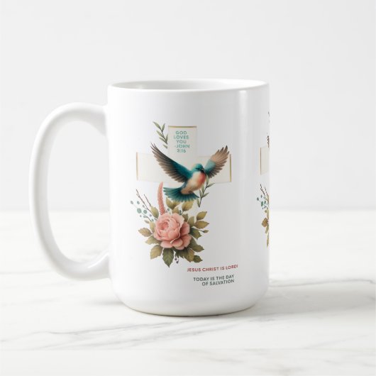 クロスと鳥のキリスト教デザイン コーヒーマグカップ (左)