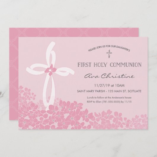 クロスを使った女の子の初めての聖餐招待状 招待状 (正面/裏面)