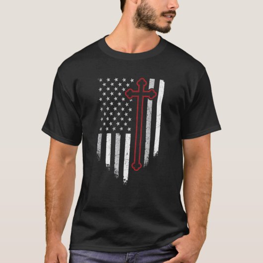 クロスアメリカ国旗7月4日Patriotic Christian T Tシャツ (正面)