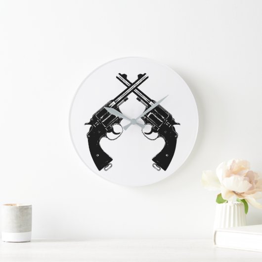 クロスアンティークリボルバー//黒のヴィンテージ銃 ラージ壁時計 (ホーム)