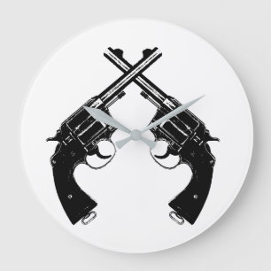 クロスアンティークリボルバー//黒のヴィンテージ銃 ラージ壁時計