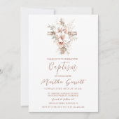 クロスエレガントとピンクの花の女の子バプテスマ 招待状 (正面)