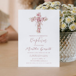 クロスエレガントとピンクの花の女の子バプテスマ 招待状