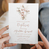 クロスエレガントとピンクの花の女の子バプテスマ 招待状