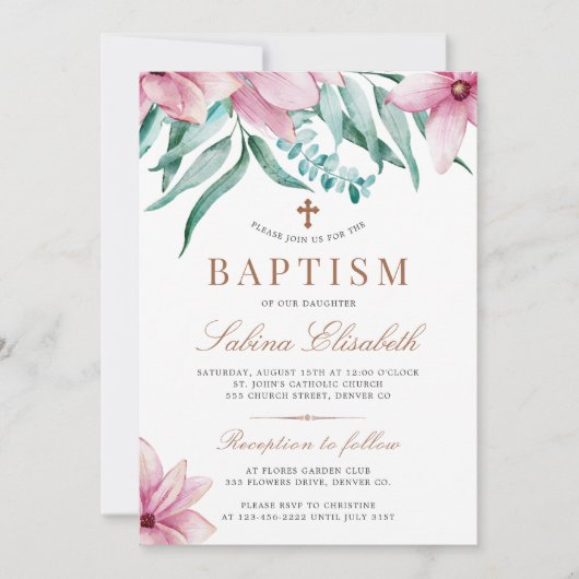 クロスエレガントウォーター色フローラ洗礼の招待 招待状 (正面)