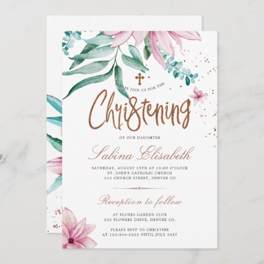 クロスエレガントウォーター色フローラ《キリスト教》洗礼式や命名式 招待状 (正面/裏面)