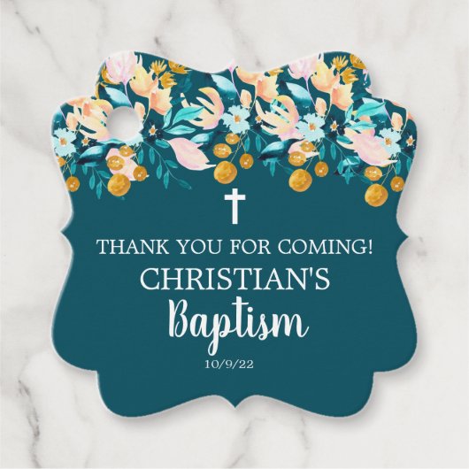 クロスエレガントダークシアンブルーバプテスマメッセージカード フェイバータグ (正面)