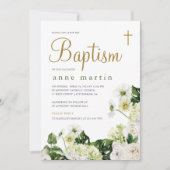 クロスエレガントバプテスマを持つ白いフローラの緑 招待状 (正面)