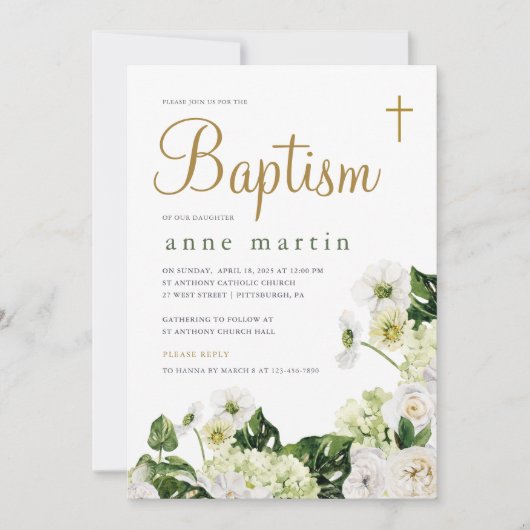 クロスエレガントバプテスマを持つ白いフローラの緑 招待状 (正面)