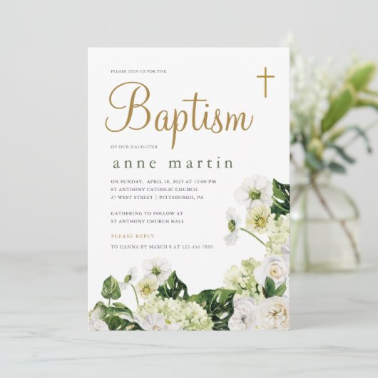 クロスエレガントバプテスマを持つ白いフローラの緑 招待状 (スタンド正面)
