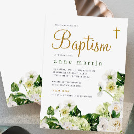 クロスエレガントバプテスマを持つ白いフローラの緑 招待状