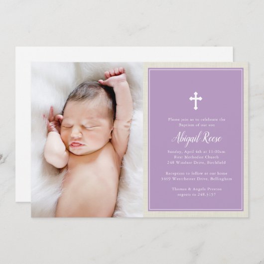 クロスエレガントパープルフォトバプテスマ《キリスト教》洗礼式や命名式 招待状 (正面/裏面)