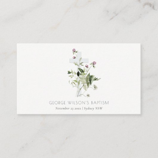 クロスエレガントパープルワイルドフラワーフローラバプテスマ プレイスカード (正面)