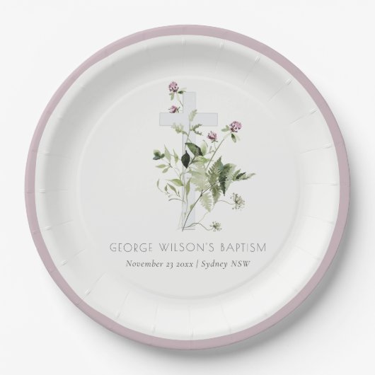 クロスエレガントパープルワイルドフラワーフローラバプテスマ ペーパープレート (正面)